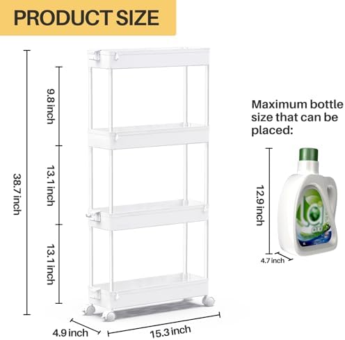 SPACEKEEPER Slim Rolling Storage Cart, 4 Tier Bathroom Cart Organizer,White