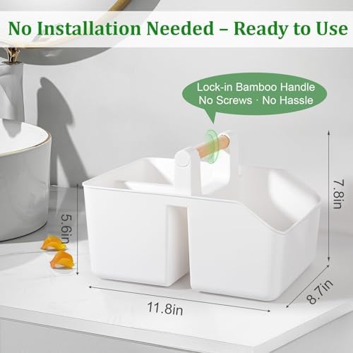 rejomiik Plastic Shower Caddy, Portable Basket with Bamboo Handle, White