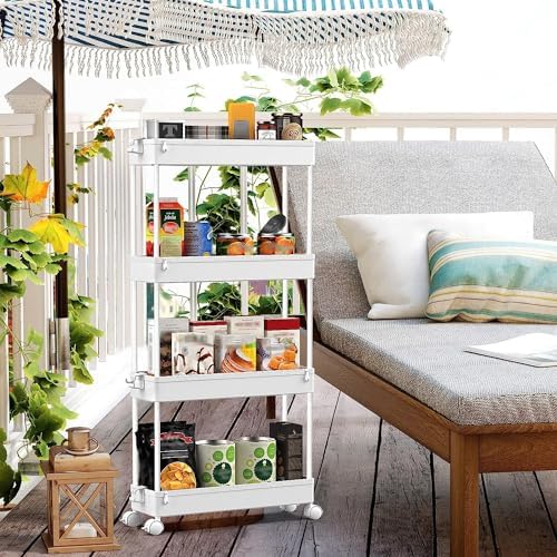 SPACEKEEPER Slim Rolling Storage Cart, 4 Tier Bathroom Cart Organizer,White