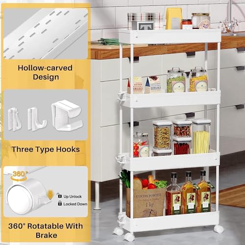 SPACEKEEPER Slim Rolling Storage Cart, 4 Tier Bathroom Cart Organizer,White