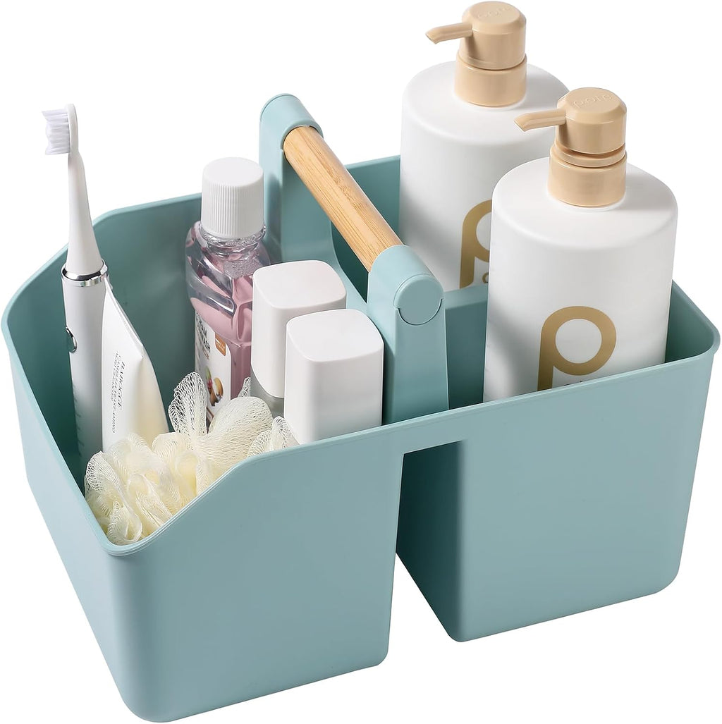 rejomiik Plastic Shower Caddy, Portable Basket with Bamboo Handle, White