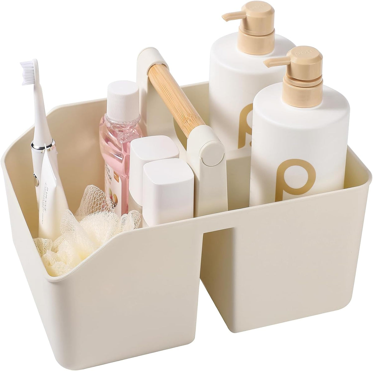 rejomiik Plastic Shower Caddy, Portable Basket with Bamboo Handle, White