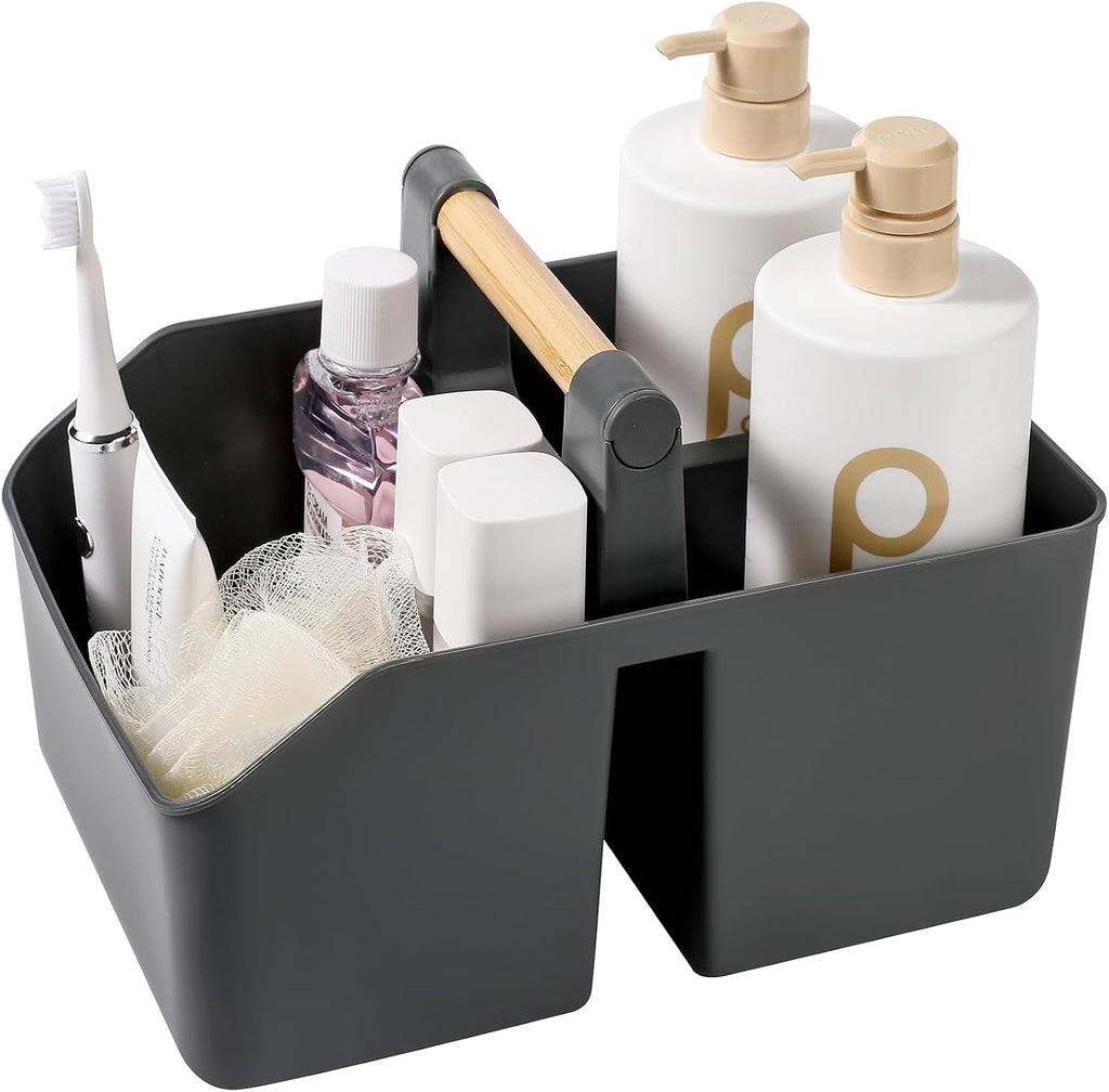 rejomiik Plastic Shower Caddy, Portable Basket with Bamboo Handle, White