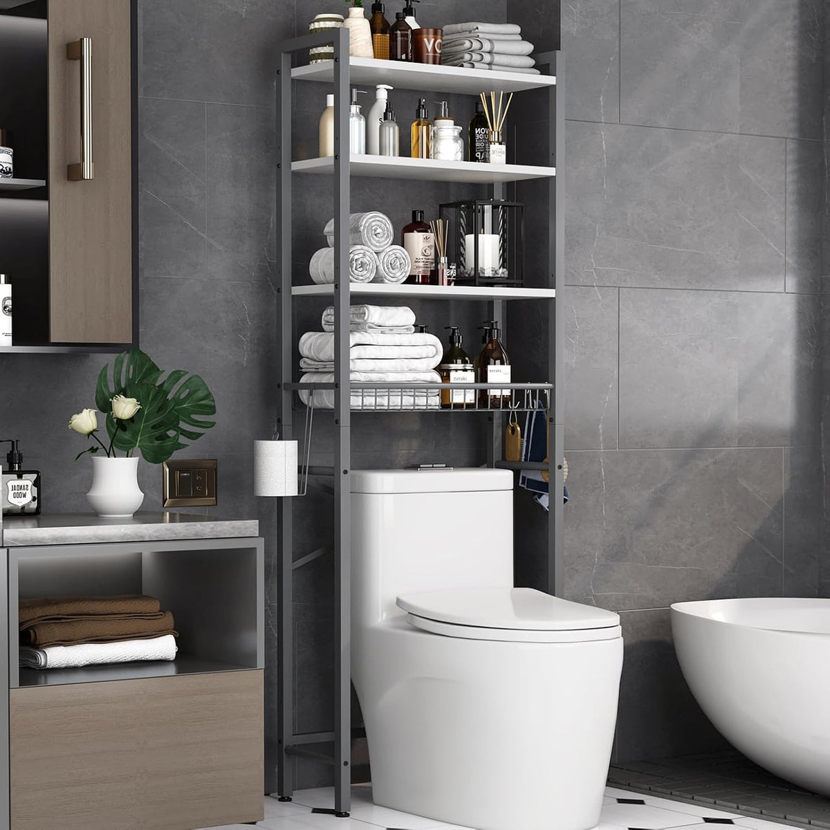 Kalrin Over-The-Toilet Storage Rack, 4-Tier Bathroom Organizer Shelf Over Toilet with Adjustable Shelf and Basket, Freestanding Space Saver Bathroom Shelves Above Toilet for Room (Vintage Brown)