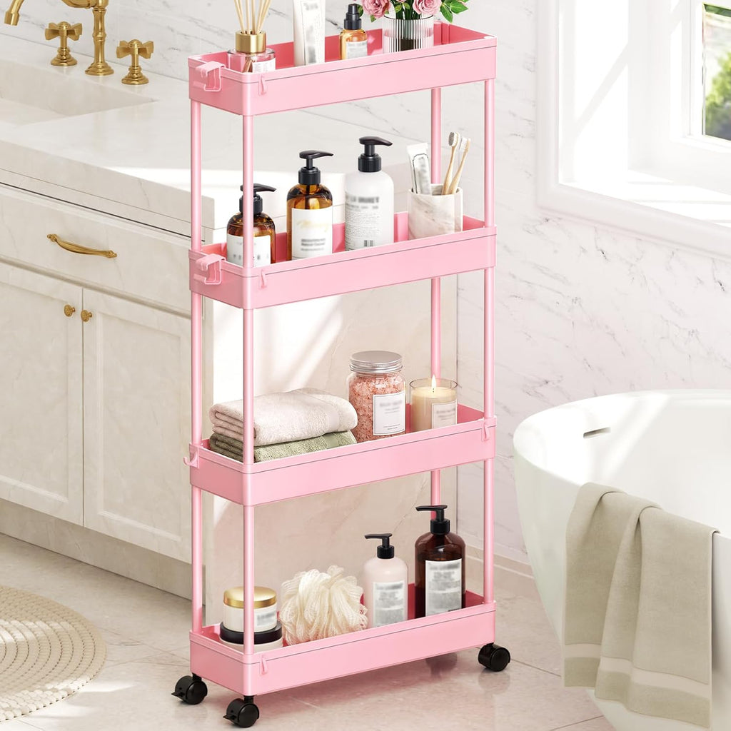 SPACEKEEPER Slim Rolling Storage Cart, 4 Tier Bathroom Cart Organizer,White