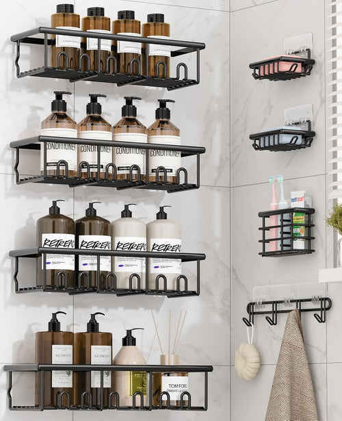 8 Pack Adhesive Bathroom Holders & Dispensers for Kids & Adults, Black