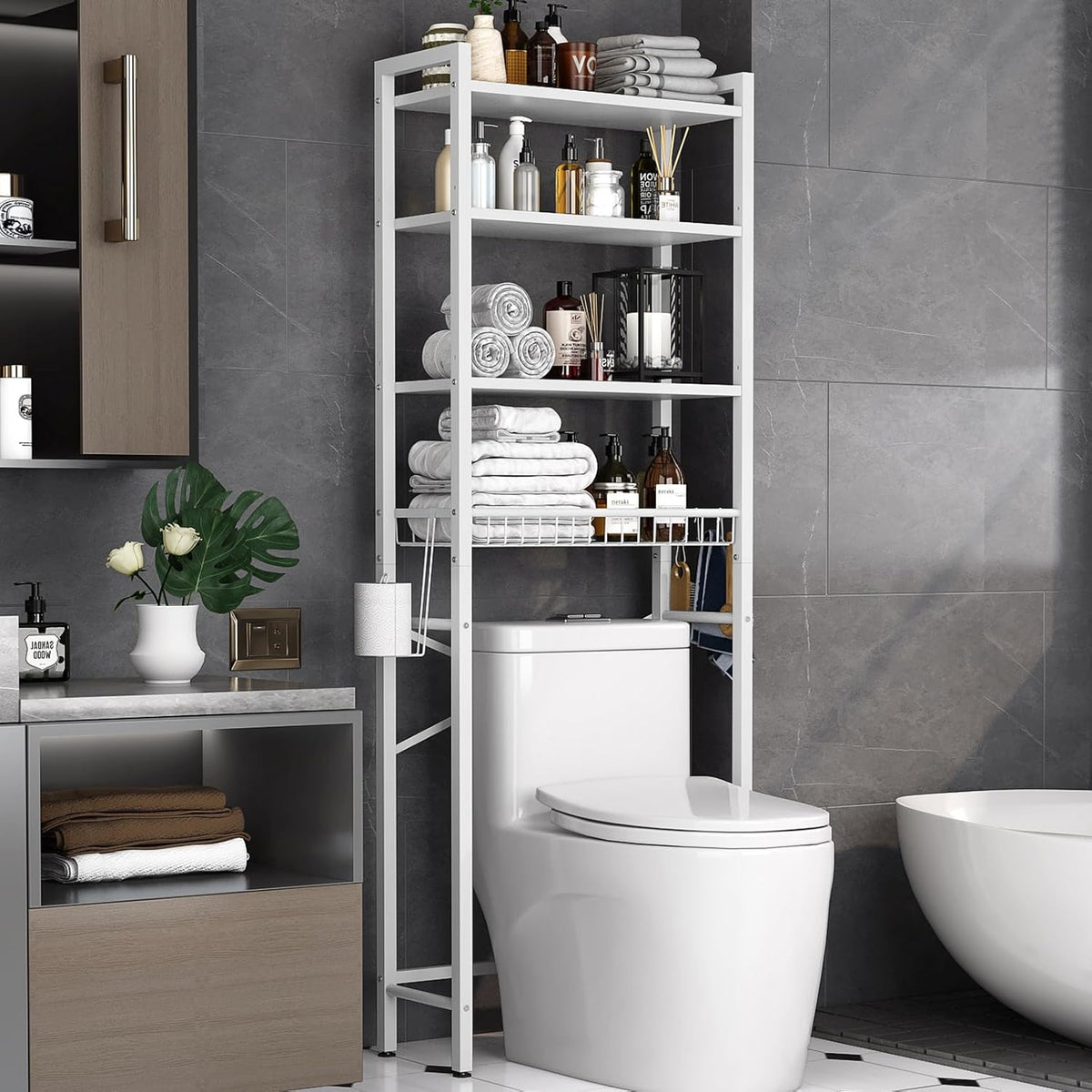 Kalrin Over-The-Toilet Storage Rack, 4-Tier Bathroom Organizer Shelf Over Toilet with Adjustable Shelf and Basket, Freestanding Space Saver Bathroom Shelves Above Toilet for Room (Vintage Brown)