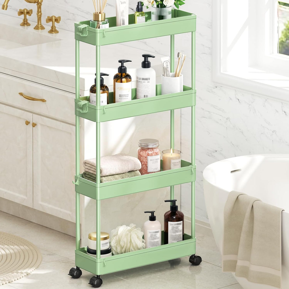 SPACEKEEPER Slim Rolling Storage Cart, 4 Tier Bathroom Cart Organizer,White