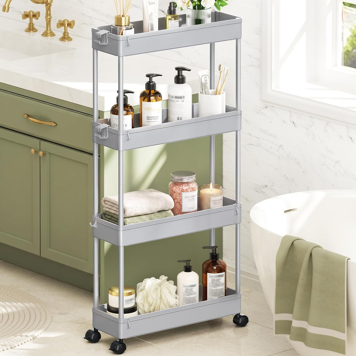 SPACEKEEPER Slim Rolling Storage Cart, 4 Tier Bathroom Cart Organizer,White