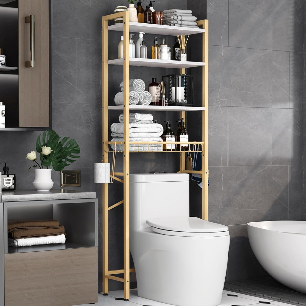 Kalrin Over-The-Toilet Storage Rack, 4-Tier Bathroom Organizer Shelf Over Toilet with Adjustable Shelf and Basket, Freestanding Space Saver Bathroom Shelves Above Toilet for Room (Vintage Brown)