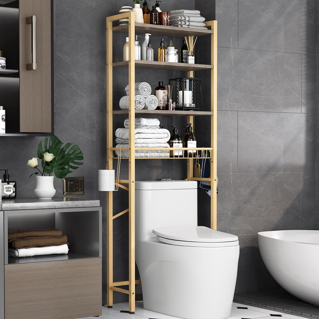 Kalrin Over-The-Toilet Storage Rack, 4-Tier Bathroom Organizer Shelf Over Toilet with Adjustable Shelf and Basket, Freestanding Space Saver Bathroom Shelves Above Toilet for Room (Vintage Brown)
