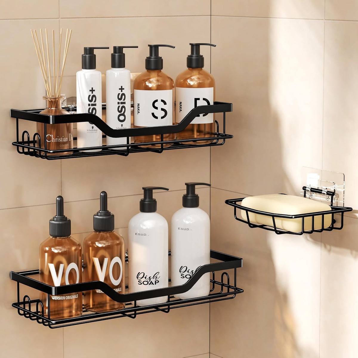OMAIRA 3-Pack Shower Caddy with Soap Holder, Adhesive Rustproof No-drill Strudy Loading Inside Shower Organizer Shelves Rack Storage Bathroom Organization for Smooth Wall Glass Tile, Black (X-Large)