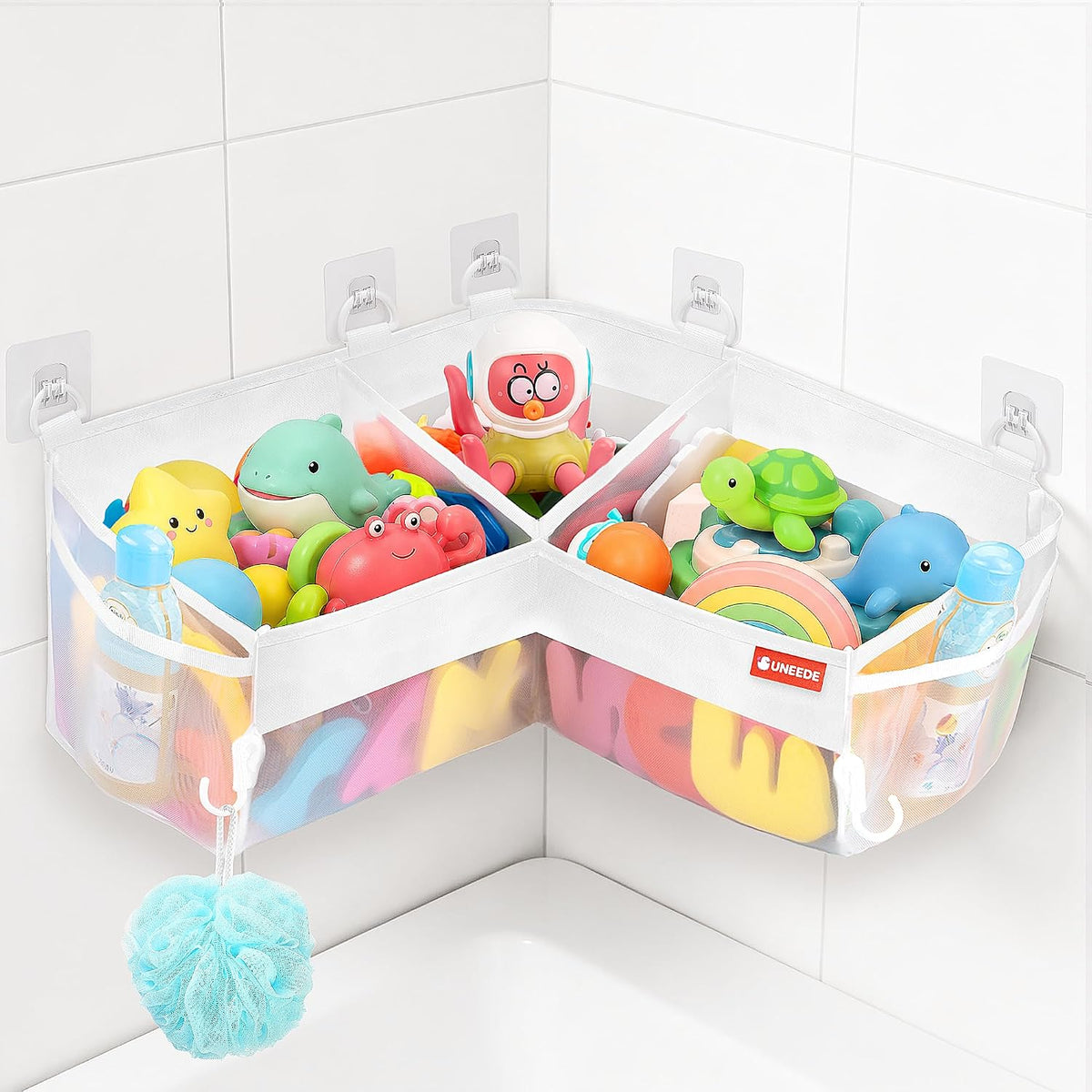 UNEEDE Bath Toy Storage 3 Compartment Corner Bath Toy Storage Organizer